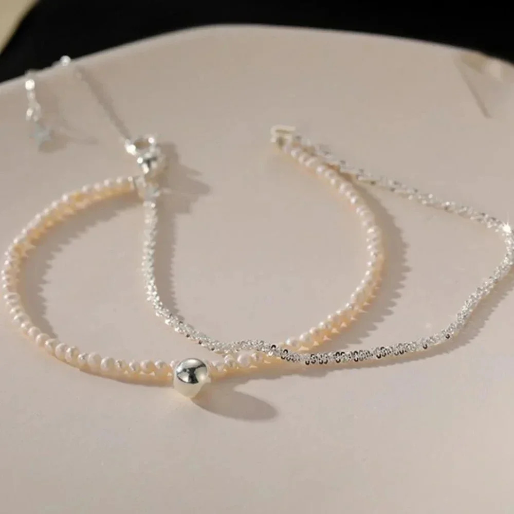 925 Sterling Silver Bead & Pearl Layer Bracelet Shiny Sequin Bracelet - Picture 5 of 7